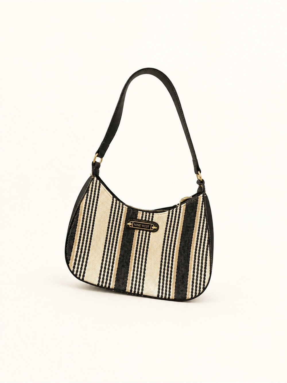 Nine West Black & Cream Striped Shoulder Bag with Gold Accent